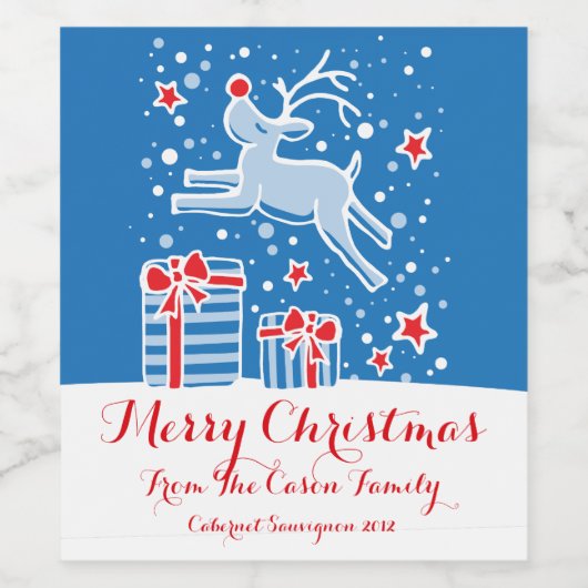 Kerstmis rendieren blauw rood aangepaste wijn labe wijn etiket (Enkel label)