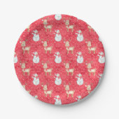 Kerstmis rendieren en sneeuwmanpatroon - rood papieren bordje (Voorkant)