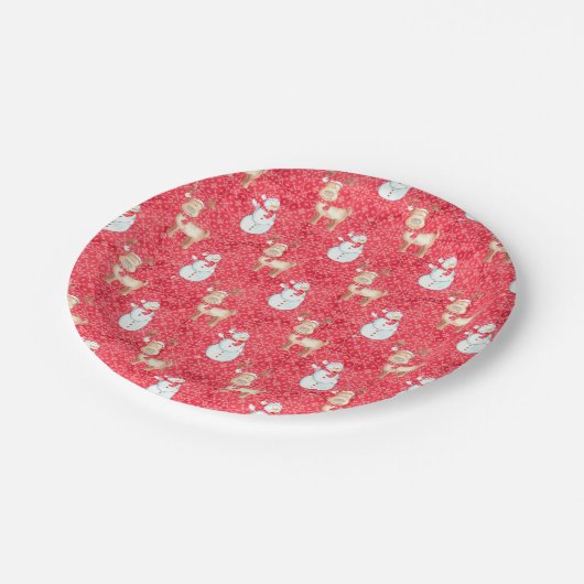 Kerstmis rendieren en sneeuwmanpatroon - rood papieren bordje (Gekanteld)