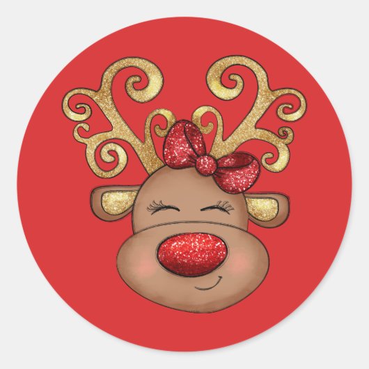Kerstmis rendieren gezicht schattig rood goud vaka ronde sticker (Voorkant)