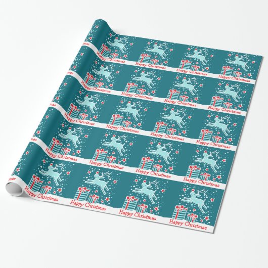 Kerstmis rendieren in de sneeuw aqua vakantie wrap cadeaupapier (Uitgerold)