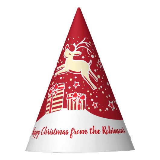 Kerstmis rendieren over geschenken rode naam pet feesthoedjes (Voorkant)