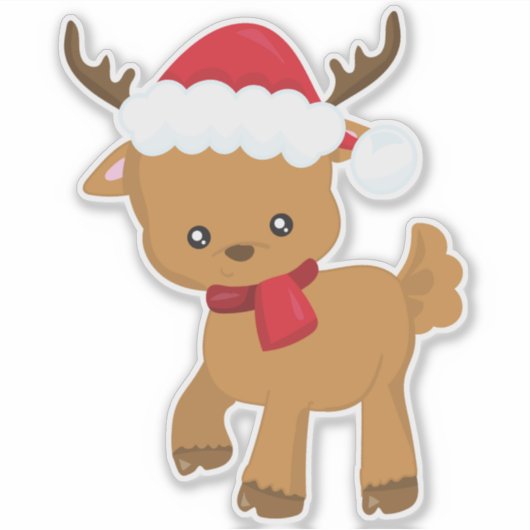 Kerstmis rendieren, Schattige rendier, Santa Hat Sticker (Voorkant)