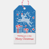 Kerstmis rendieren springen over geschenken blauw  cadeaulabel (Voorkant)