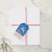 Kerstmis rendieren springen over geschenken blauw  cadeaulabel (Met Touw)