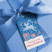 Kerstmis rendieren springen over geschenken blauw cadeaulabel