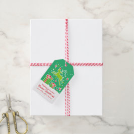 Kerstmis rendieren springen over geschenken groen  cadeaulabel