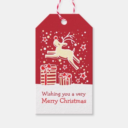 Kerstmis rendieren springen over geschenken rood l cadeaulabel (Voorkant)