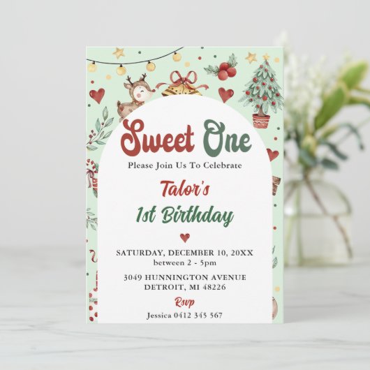 Kerstmis rendieren zoet een 1e verjaardag kaart (Staand voorkant)