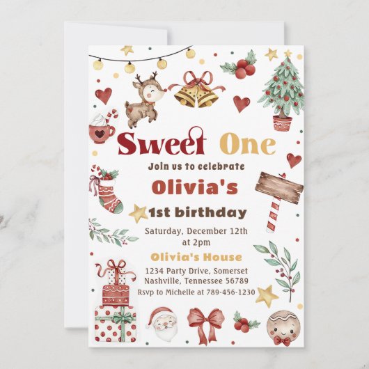 Kerstmis rendieren zoet een 1e verjaardagsfeest kaart (Voorkant)