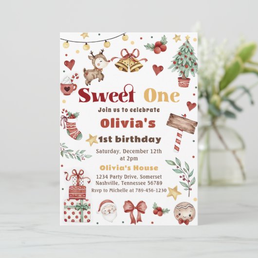 Kerstmis rendieren zoet een 1e verjaardagsfeest kaart (Staand voorkant)