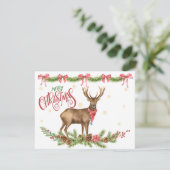 Kerstmis: rendiertje met feestelijke groenen feestdagenkaart (Staand voorkant)