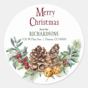 Kerstmis Retouradres met Dennenkegel en Belletjes Ronde Sticker