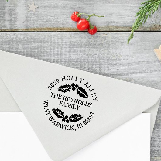 Kerstmis Retouradres met Hulstblaadjes en -bessen Rubberstempel