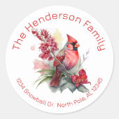 Kerstmis Retouradres Rode Kardinaal Ronde Sticker (Voorkant)