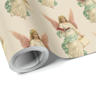 Kerstmis  Retro Angel Girl Pink Wings Cadeaupapier