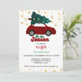 Kerstmis Retro Groovy rode auto verjaardagsfeestje Kaart (Staand voorkant)