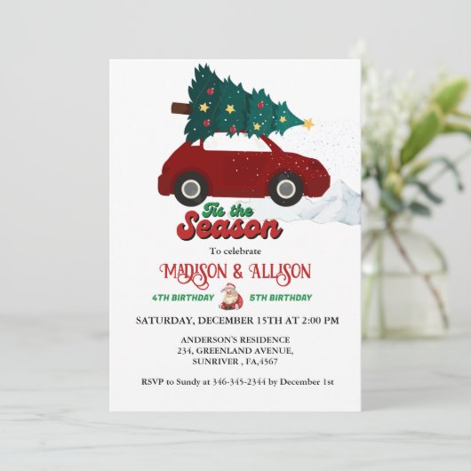 Kerstmis Retro Groovy tweeling verjaardagsfeestje Kaart (Staand voorkant)