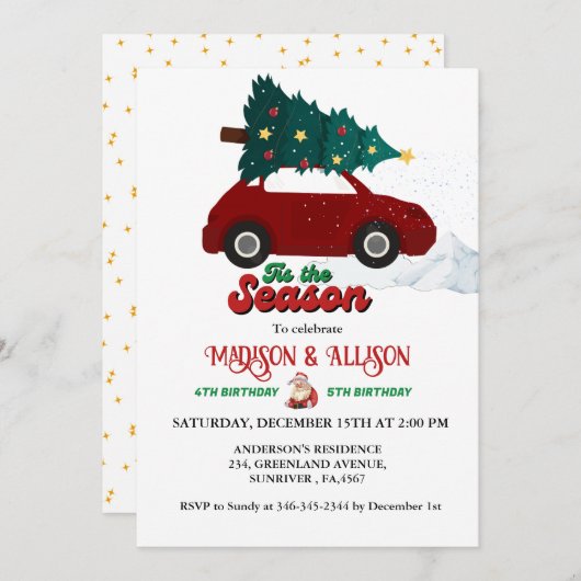 Kerstmis Retro Groovy tweeling verjaardagsfeestje Kaart (Voorkant / Achterkant)