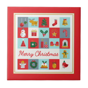 Kerstmis Retro pictogrammenraster met rode lijst Tegeltje