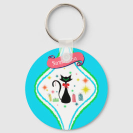 Kerstmis Retro Siamese Kat Personaliseer Naam Sleutelhanger