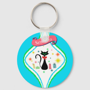 Kerstmis Retro Siamese Kat Personaliseer Naam Sleutelhanger