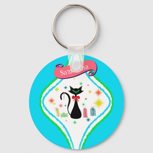 Kerstmis Retro Siamese Kat Personaliseer Naam Sleutelhanger (Voorkant)