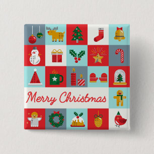 Kerstmis Retro Vakantie Icoon Patchwork Vierkante Button 5,1 Cm