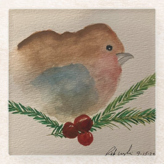 Kerstmis - Robin en Hulst Glazen Onderzetter (Voorkant)