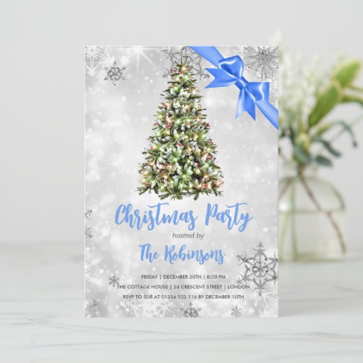 Kerstmis | Robuuste bomen en blauw lint-koolstof-w Kaart (Staand voorkant)