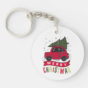 Kerstmis Rode Auto Boom Feestelijk Vrolijk Kerstmi Sleutelhanger