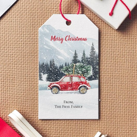 Kerstmis Rode Auto Boom Vakantie Cadeaulabel