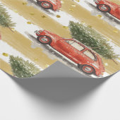Kerstmis rode auto met kerstboom Wrap Cadeaupapier (Hoek)