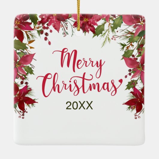 Kerstmis Rode Bloemen Poinsettia Foto Monogram Keramisch Ornament (Achterkant)