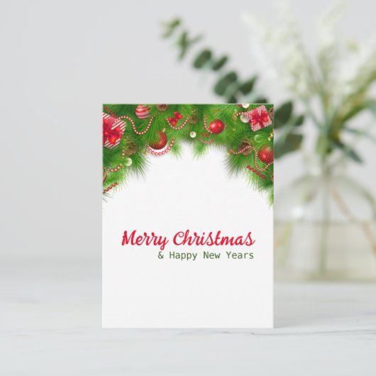 Kerstmis, rode bollen en Cadeaus Feestdagenkaart (Staand voorkant)