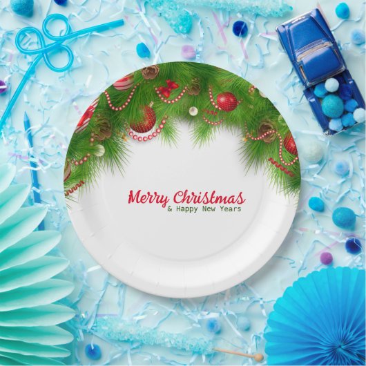 Kerstmis, rode bollen en Cadeaus pap Papieren Bordje (Feest)