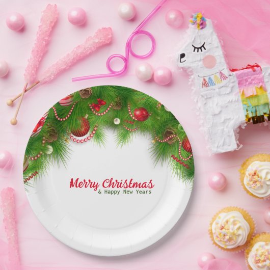 Kerstmis, rode bollen en Cadeaus pap Papieren Bordje (Feest)