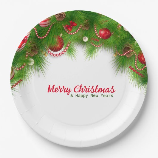 Kerstmis, rode bollen en Cadeaus pap Papieren Bordje (Voorkant)