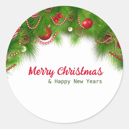 Kerstmis, rode bollen en Cadeaus Ronde Sticker (Voorkant)