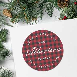 Kerstmis Rode Buffalo Check Familie Retouradres Ronde Sticker