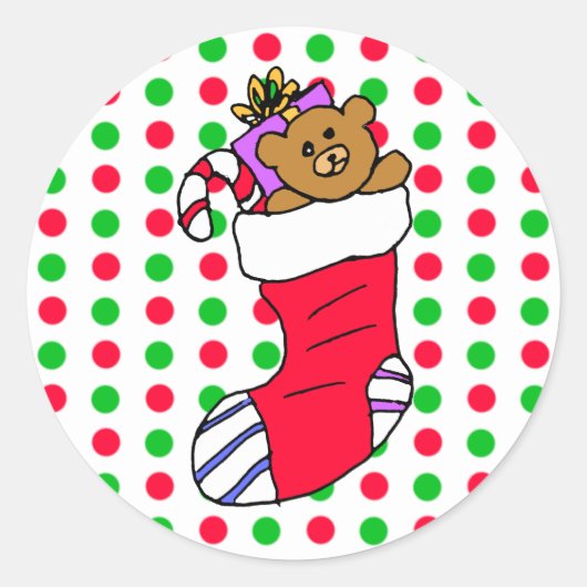 Kerstmis Rode en Groene Polka Dots kous Ronde Sticker (Voorkant)