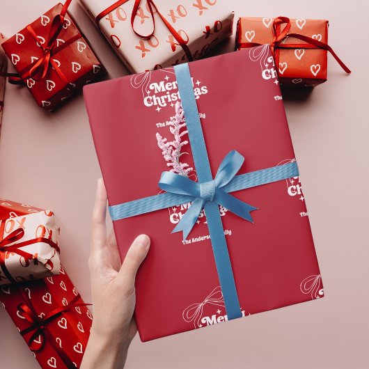 Kerstmis rode handgetekende strik retro cadeaupapier