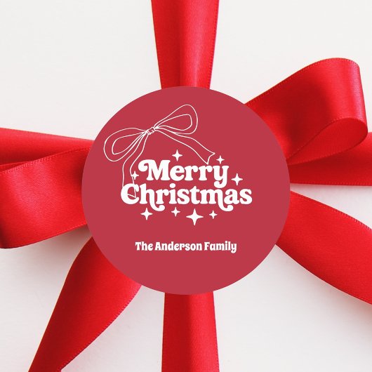 Kerstmis rode handgetekende strik retro ronde sticker