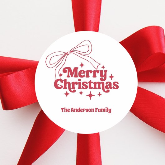 Kerstmis rode handgetekende strik retro ronde sticker