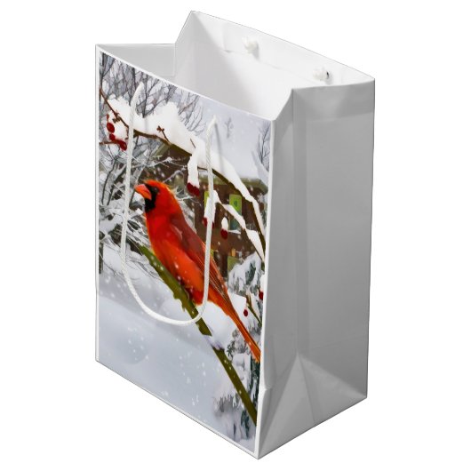 Kerstmis, rode kardinaal, vogel en sneeuw medium cadeauzakje (Voorkant Gekanteld)