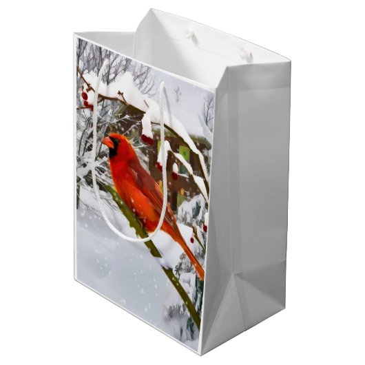 Kerstmis, rode kardinaal, vogel en sneeuw medium cadeauzakje (Achterkant Gekanteld)