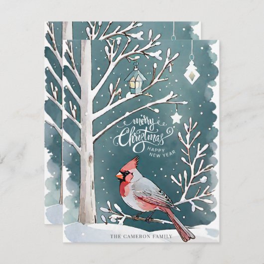 Kerstmis Rode Kardinaal Winter Landschap Vlak Feestdagenkaart (Voorkant / Achterkant)