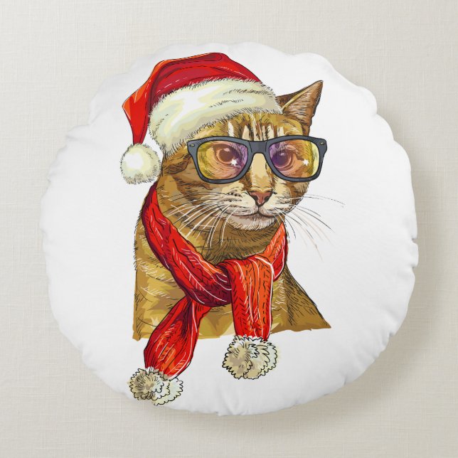 Kerstmis Rode Kat Kussensloop Rond Kussen (Voorkant)