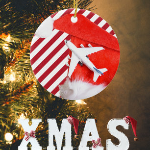 Kerstmis Rode Kerstman Hoed & Vliegtuig,Strepen Keramisch Ornament