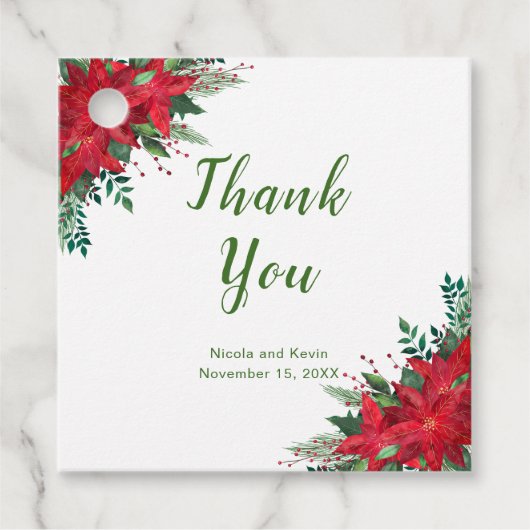 Kerstmis Rode Poinsettia Bloemen Bruiloft Bedankjes Labels (Voorkant)
